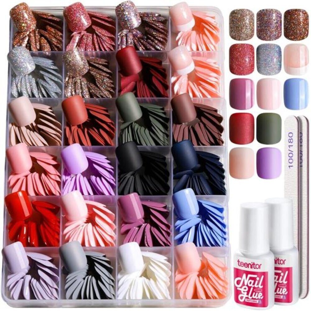 576 Pcs Short Square Press On Nails Kit Matte, Glossy, Glitter French Designs